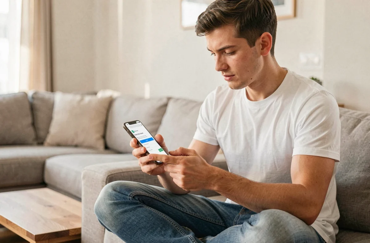 Jeune homme se connectant à son espace client depuis un smartphone sur son canapé dans un salon moderne
