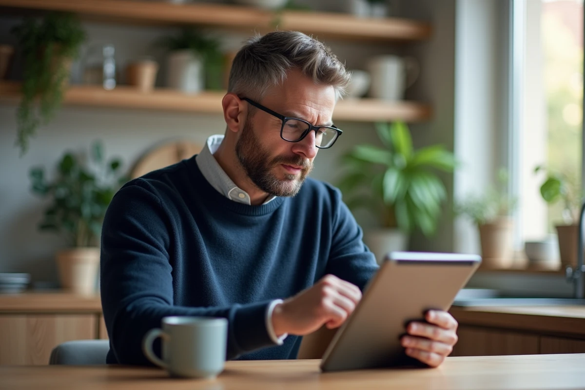 Homme consultant ses fiches de paie en ligne sur une tablette depuis son domicile