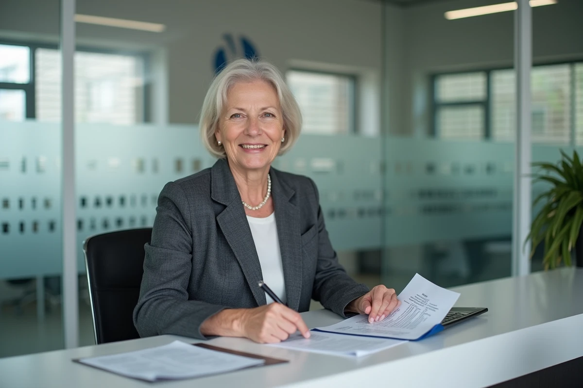 Conseillère en assurance indiquant l'adresse exacte d'une agence ACM IARD à un client à l'accueil