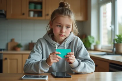 Adolescente tenant une carte bancaire Pixpay et examinant les frais sur son smartphone