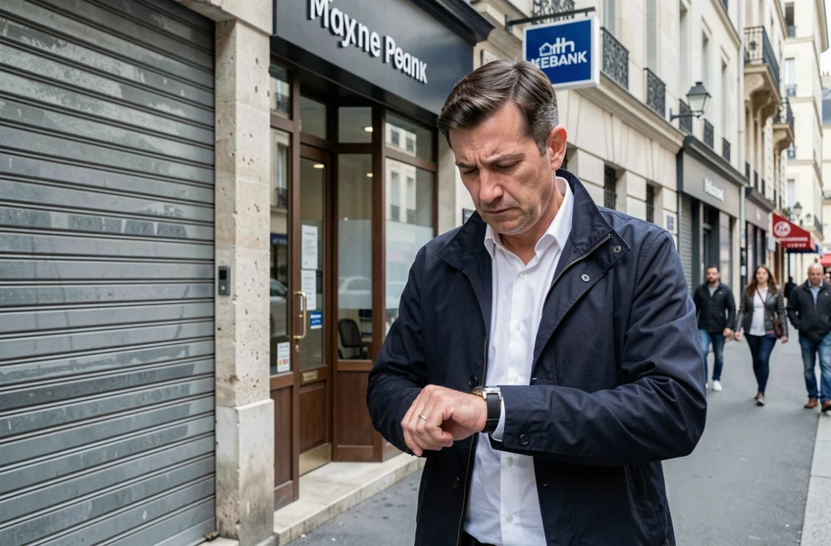 Homme devant une agence bancaire traditionnelle fermée le samedi, illustrant les limitations des banques classiques en dehors des heures ouvrables