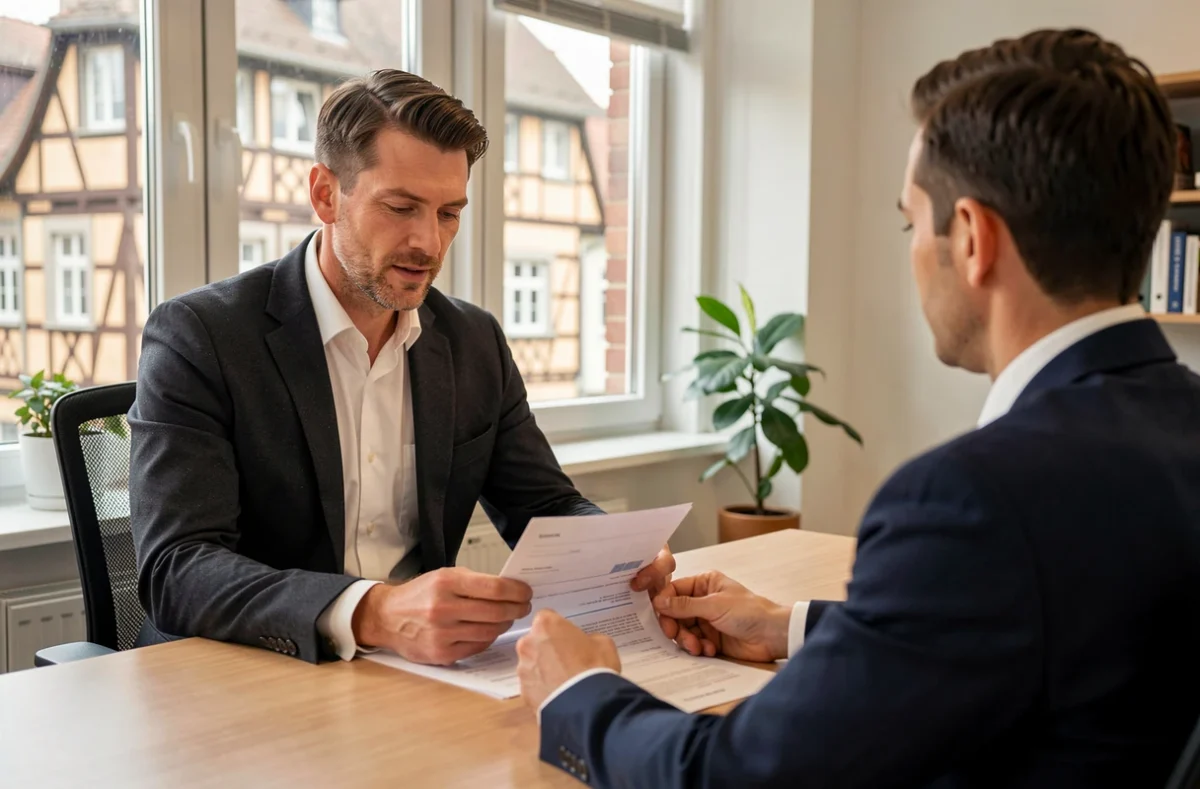 Un courtier en prêt professionnel d'Alsace Crédits conseille un client dans son bureau de Strasbourg, avec des documents de financement sur le bureau et des bâtiments alsaciens visibles par la fenêtre.