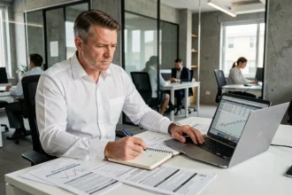 Homme d'affaires analysant un calcul ROI sur des documents financiers dans un bureau moderne