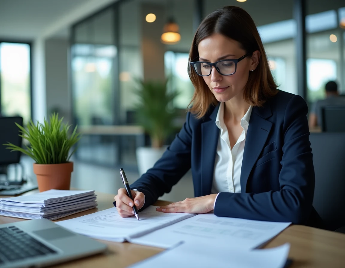 Femme analysant des documents de rachat de rente d'accident du travail dans un cadre professionnel moderne