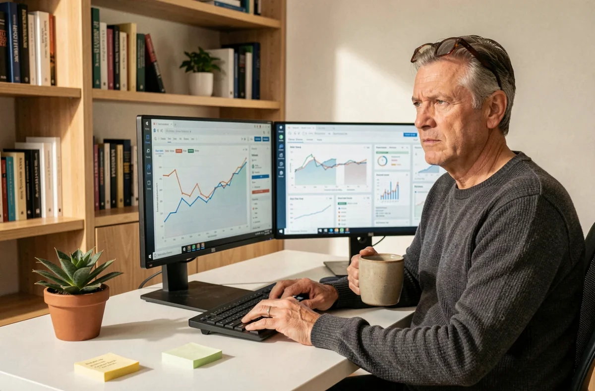 Entrepreneur travaillant sur une analyse ROI rétrospective sur double écran dans un bureau à domicile