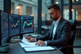 Analyste financier étudiant des graphiques boursiers en repli sur un bureau de trading moderne à Paris, représentant une analyse de l'action Thales