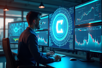 Analyste financier futuriste avec logo Cardano en hologramme