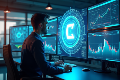Analyste financier futuriste avec logo Cardano en hologramme