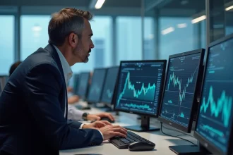 Analyste financier étudiant les signaux de marché en temps réel sur Airbus avec des graphiques boursiers sur plusieurs écrans
