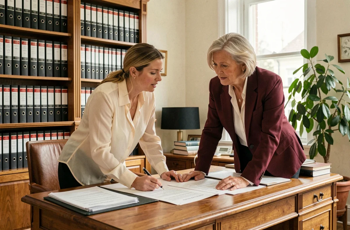 Deux notaires femmes en tenues professionnelles collaborant autour de documents juridiques dans un bureau aux étagères de classeurs légaux