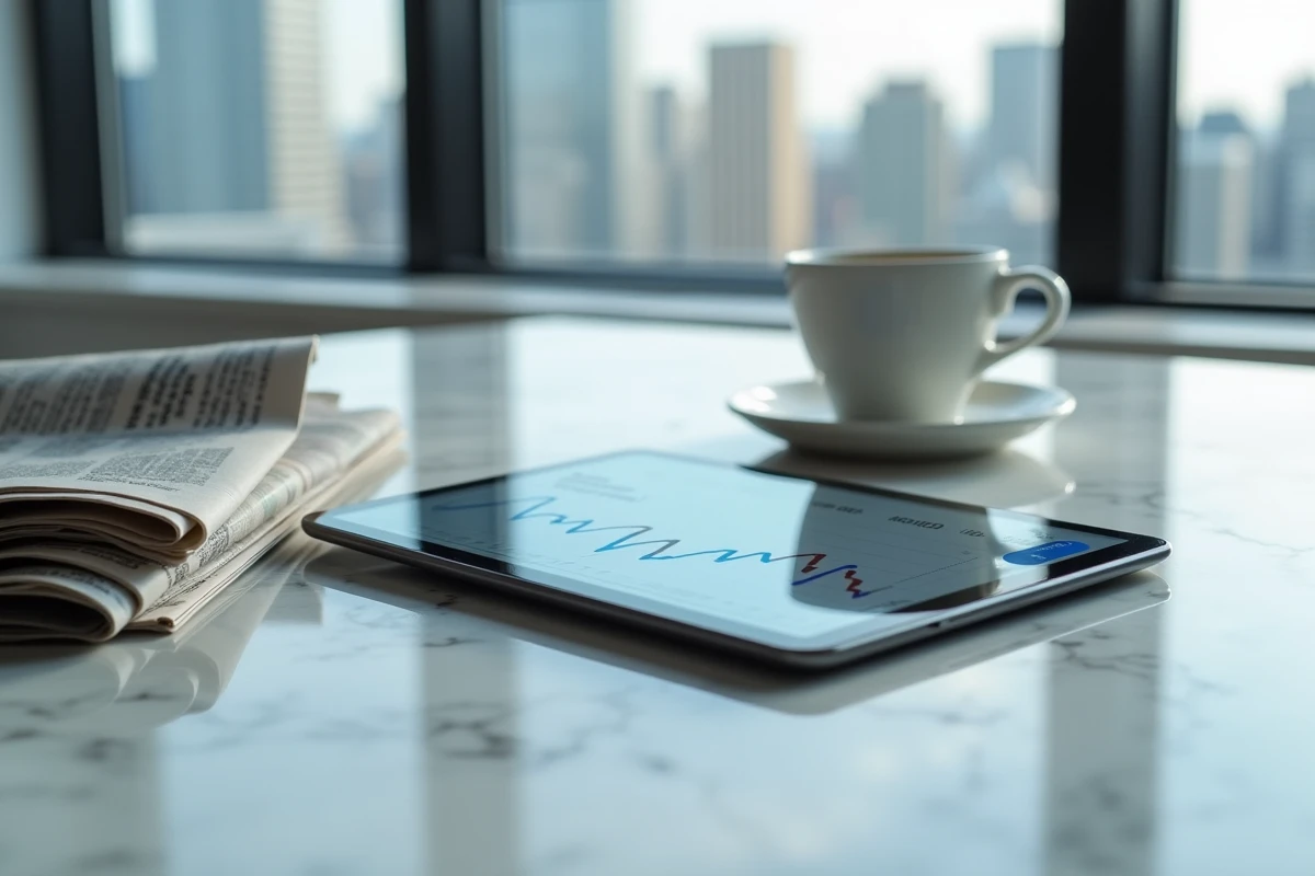 Tablette affichant le cours de l'action Air Liquide EPA AI sur une application de portefeuille boursier posée sur un comptoir en marbre