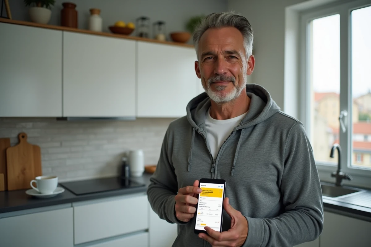 Homme consultant l'application mobile Western Union pour un transfert d'argent international depuis la France