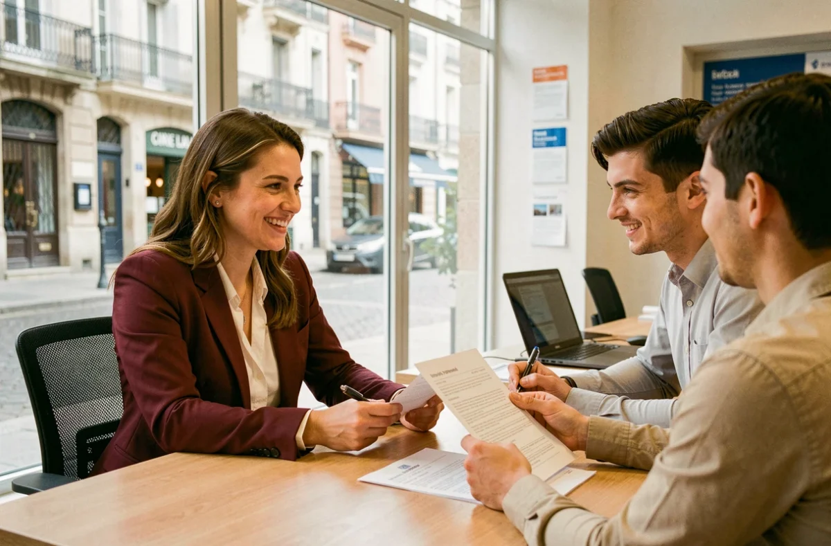 Conseillère Assu 2000 Toulouse accueillant un couple de clients dans une agence d'assurance lumineuse