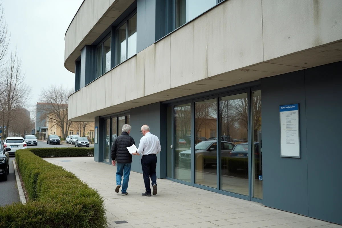 Façade extérieure d'un bâtiment administratif public à Mérignac avec visiteurs à l'entrée