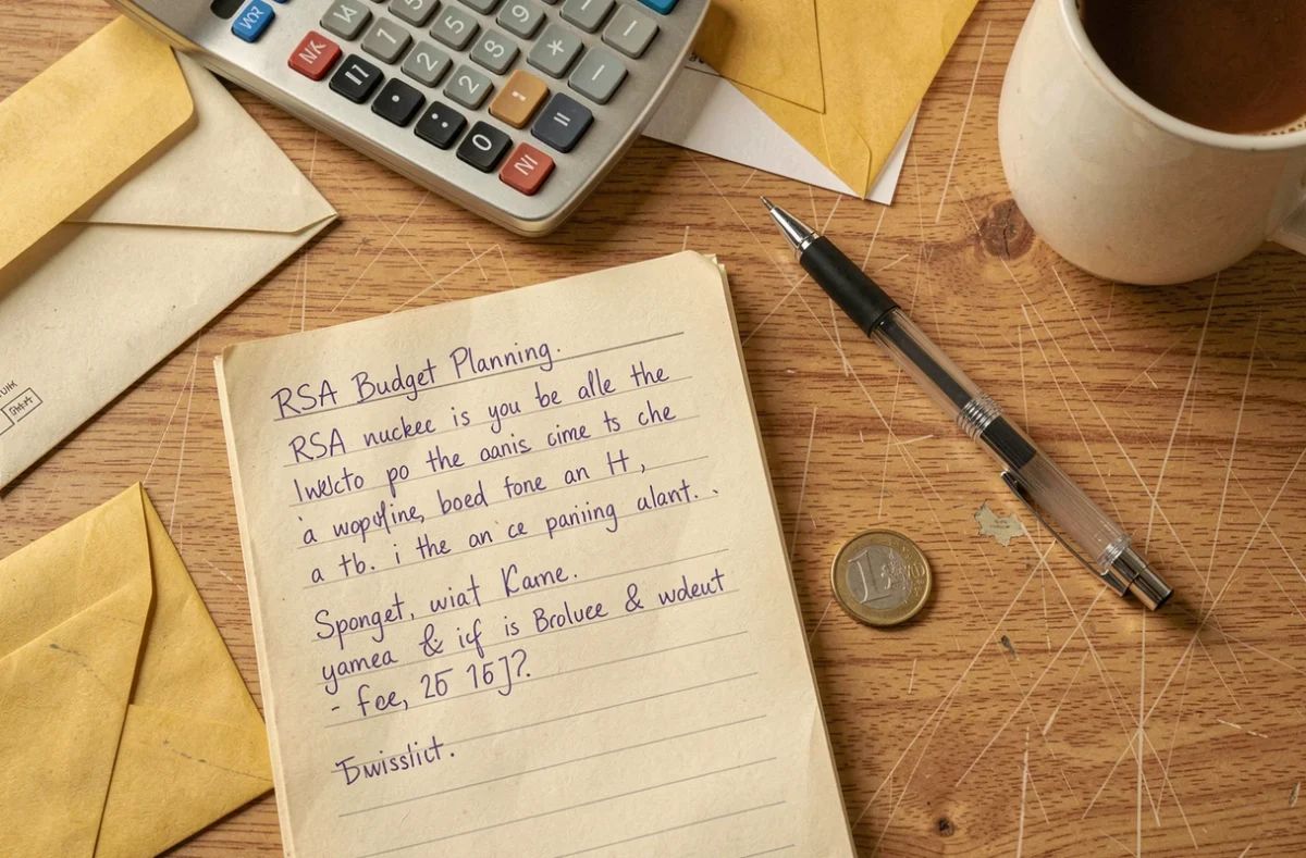 Bureau avec cahier de budget, calculatrice et enveloppes administratives pour la gestion du RSA