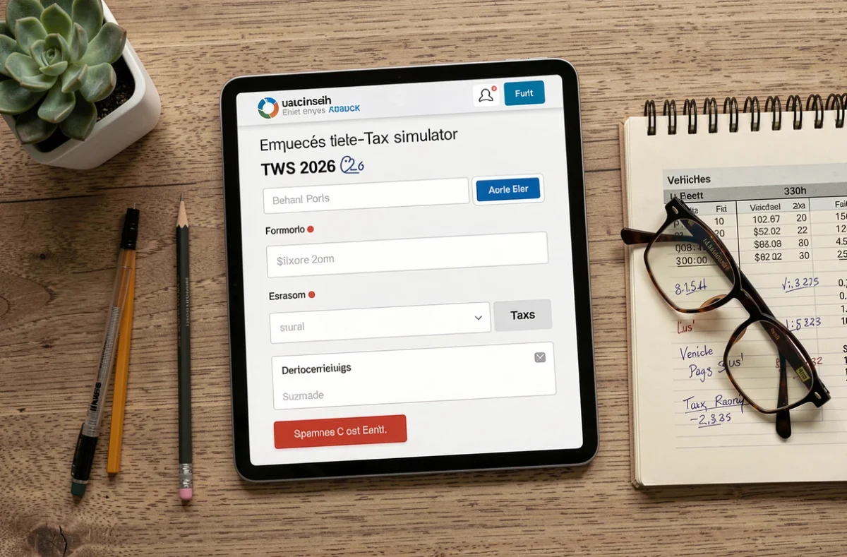 Bureau de comptable vue du dessus avec tablette affichant un simulateur de calcul TVS 2026 et documents fiscaux manuscrits