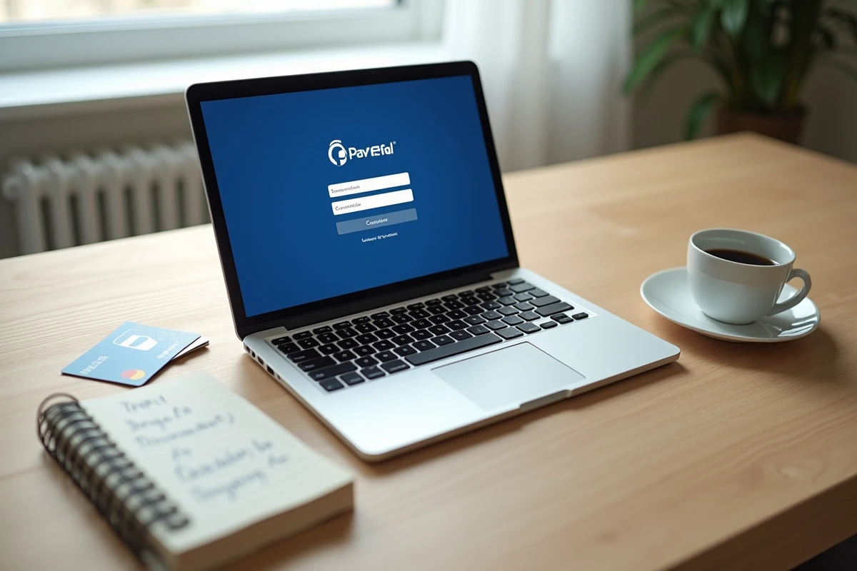 Vue de dessus d'un bureau avec un ordinateur affichant PayPal, une carte bancaire et un carnet de notes pour un premier achat en ligne