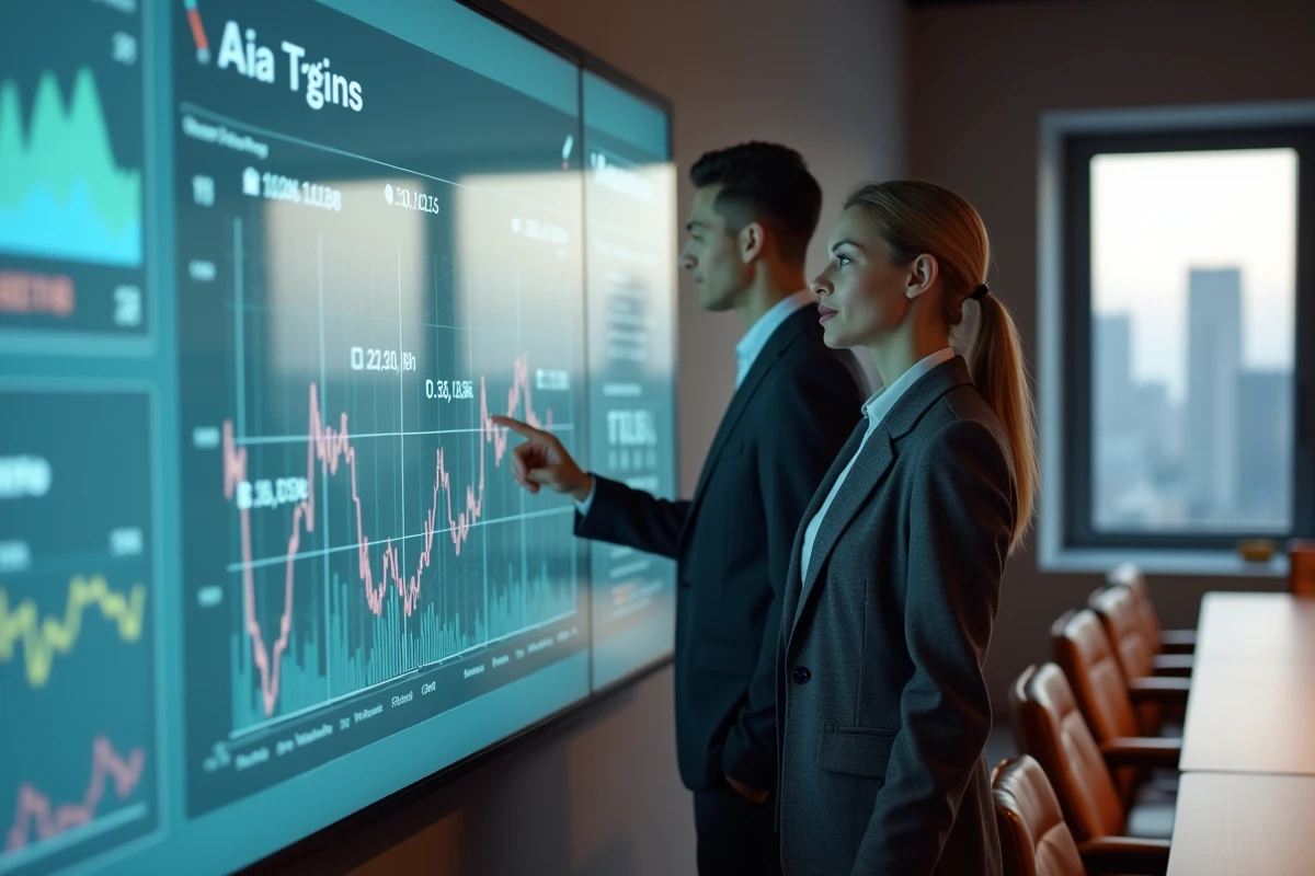 Cadre financière présentant une analyse des métriques EPA AIR d'Airbus sur un écran interactif en salle de conférence