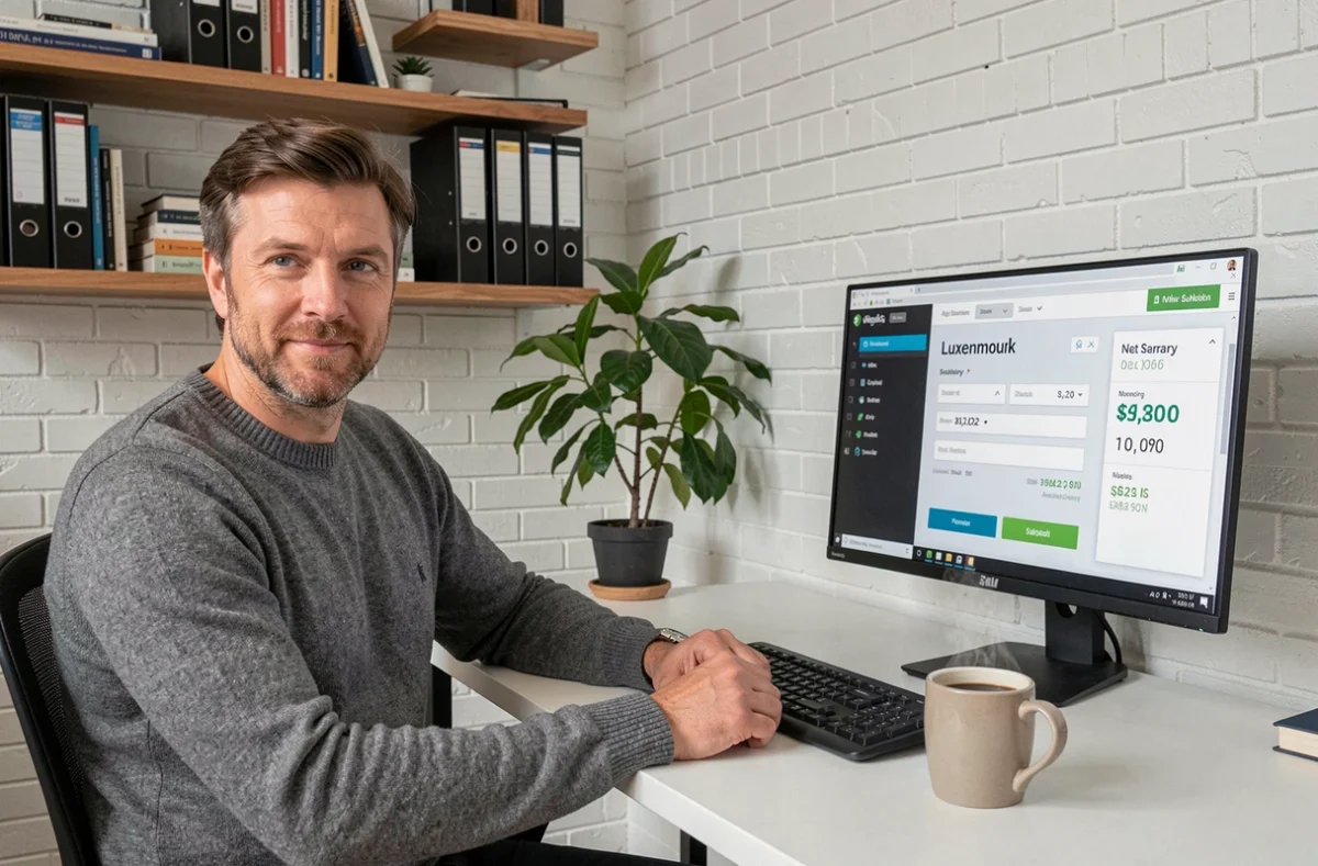 Homme en télétravail utilisant un simulateur de salaire net luxembourgeois sur ordinateur