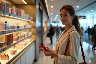 Femme utilisant sa carte cadeau Kadéos Infini dans une boutique hors-taxes d'aéroport lors d'un voyage