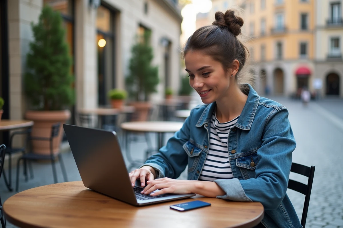 Jeune femme utilisant sa carte Kadéos Infini pour des achats en ligne depuis un café en voyage en Europe