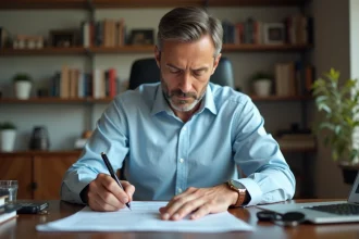 Homme rédigeant un chèque pour l'achat d'une voiture d'occasion avec les clés et les documents de vente posés sur un bureau en bois