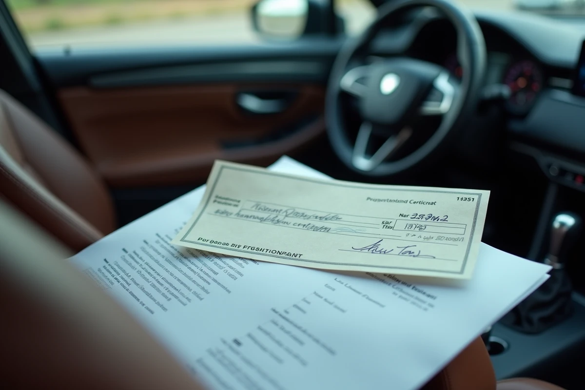 Gros plan sur un chèque posé avec les documents de vente d'un véhicule d'occasion à l'intérieur d'une voiture, illustrant la sécurité du paiement par chèque entre particuliers