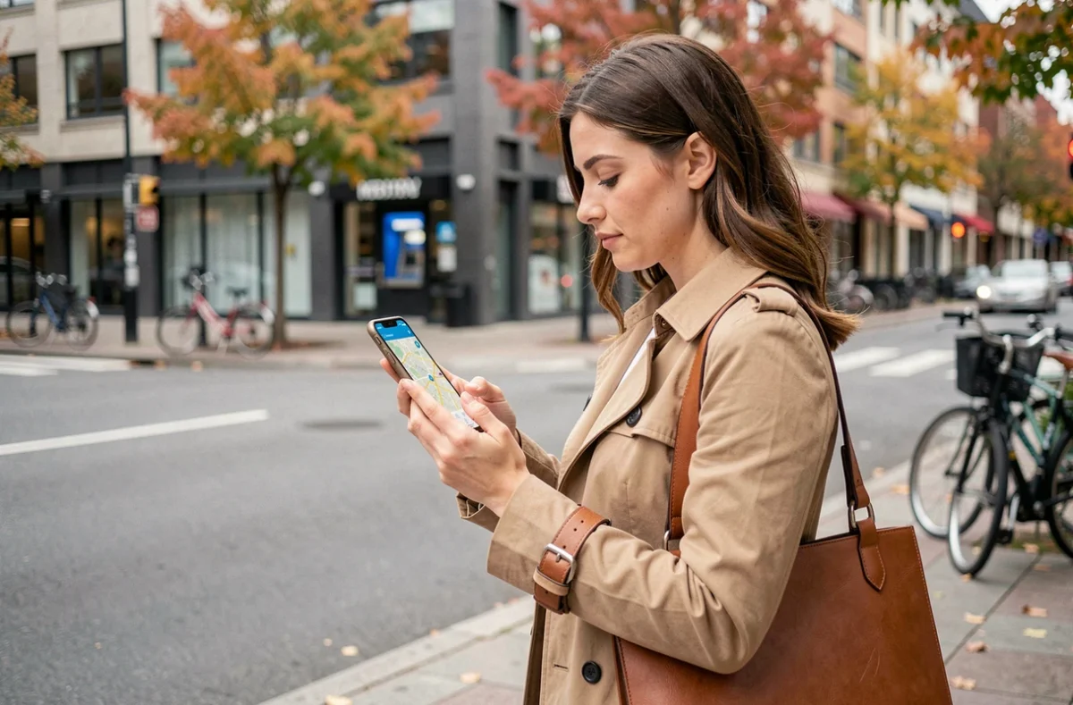 Femme cherchant un distributeur de billets sur son smartphone dans une rue animée de la ville