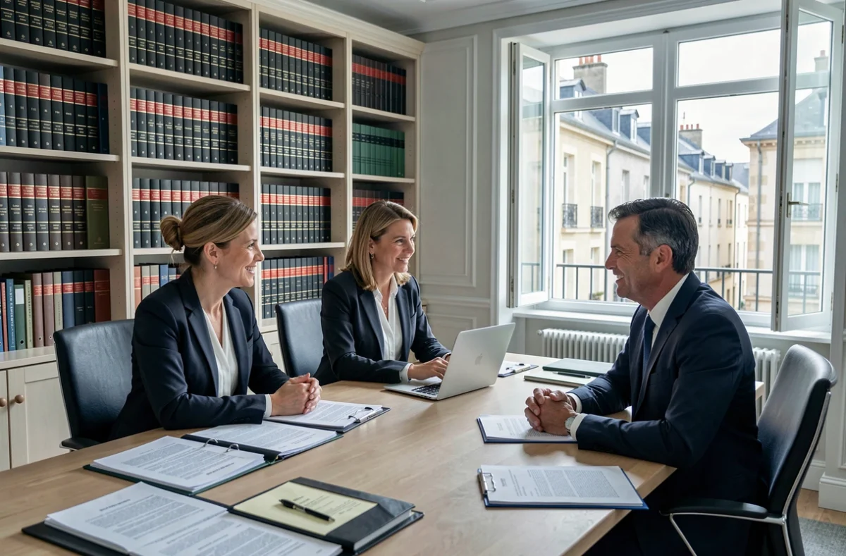 Trois notaires associés en réunion autour d'une table avec dossiers juridiques dans un cabinet moderne
