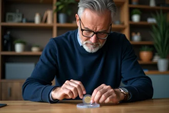 Homme d'âge moyen manipulant une pièce de 2 euros JO 2026