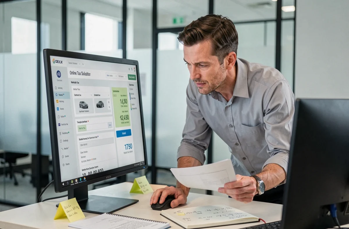 Comptable homme analysant les résultats d'un simulateur TVS en ligne sur double écran de bureau