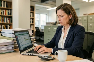 Comptable femme utilisant un simulateur de calcul TVS 2026 sur un ordinateur portable dans un bureau professionnel