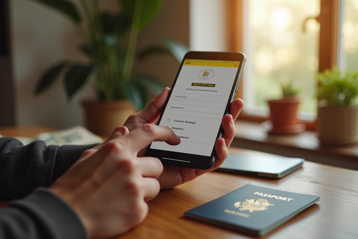 Mains tenant un smartphone avec la confirmation Western Union dans un intérieur cosy