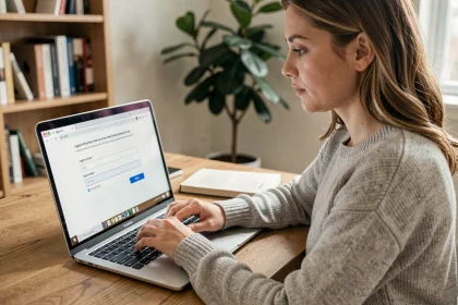 Femme accédant à son espace personnel sur un site bancaire depuis un ordinateur portable à son bureau à domicile