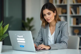 Femme connectée à son espace personnel sur un portail de fiches de paie en ligne depuis son bureau