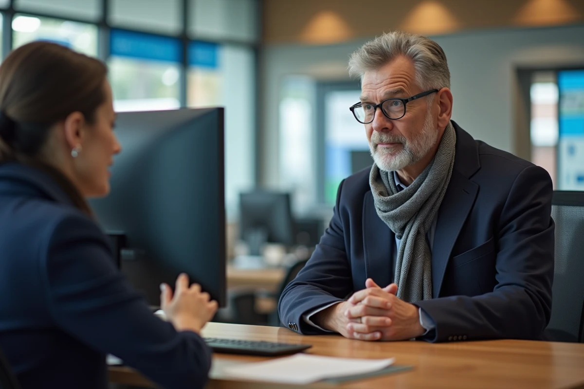 Conseiller bancaire aidant un client dans une agence
