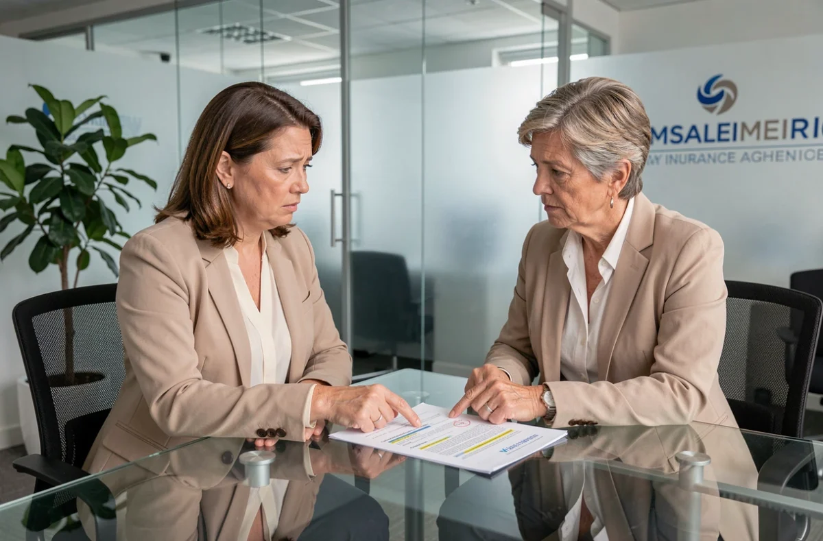 Cliente et conseiller financier analysant un contrat Quadretto dans une agence, soulignant des clauses importantes