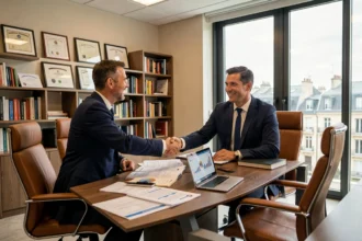 Un conseiller en crédit professionnel serre la main d'un chef d'entreprise dans un bureau moderne du Grand Est, entouré de documents financiers et d'un ordinateur portable affichant des graphiques.
