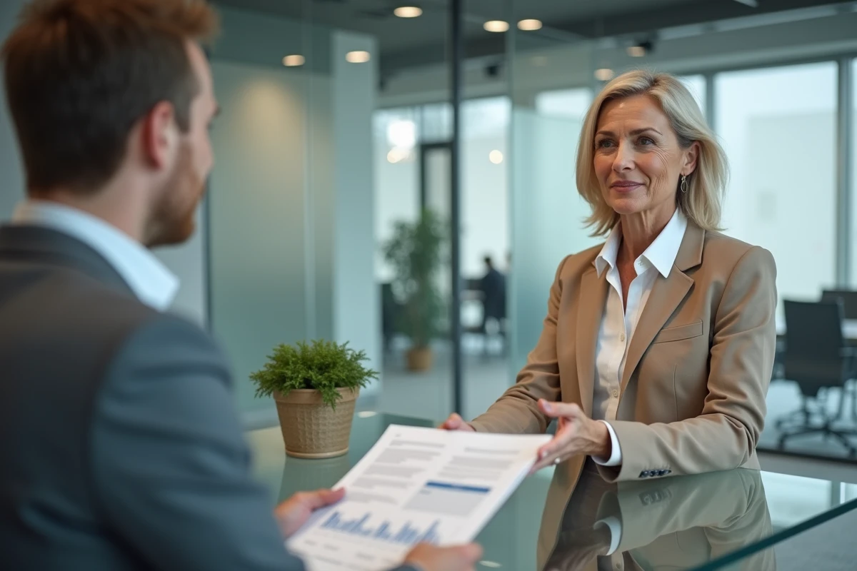 Femme investisseuse en réunion avec un conseiller financier pour analyser la valeur boursière d'Air Liquide en bureau bancaire moderne