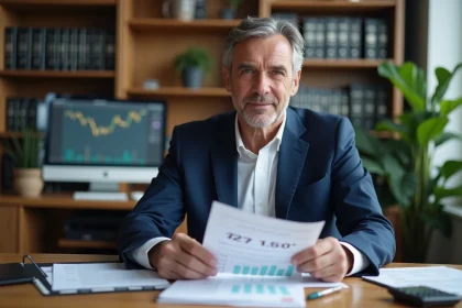 Conseiller financier analysant un calcul de rendement SCPI sur des documents imprimés dans un bureau professionnel