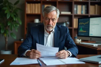 Conseiller financier senior analysant des documents sur les fonds en euros et l'assurance vie dans un bureau professionnel