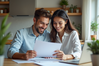 Jeune couple en cuisine examinant des documents immobiliers