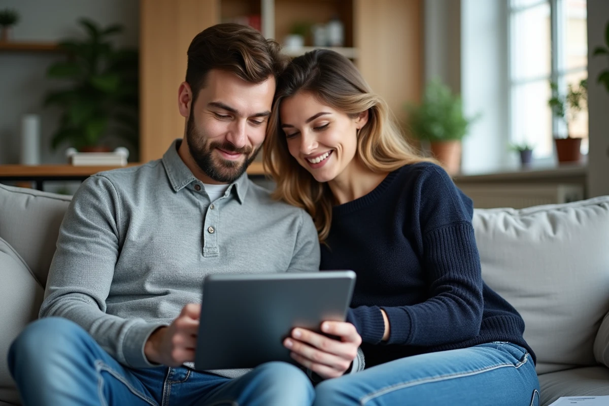 Couple comparant des offres d'assurance Qlara sur une tablette dans leur salon pour choisir la meilleure couverture