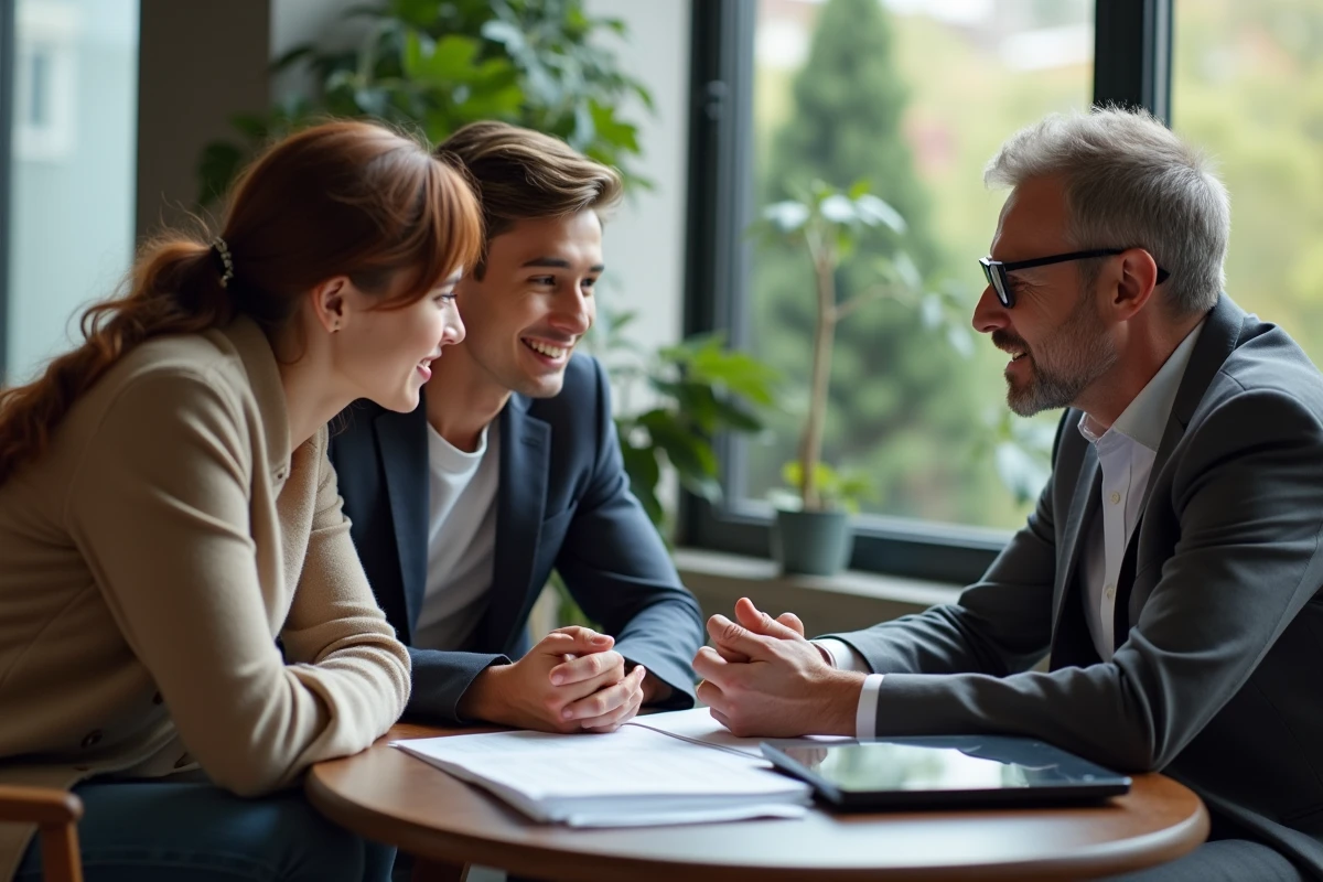 Jeune couple discutant avec un courtier dans un salon cosy