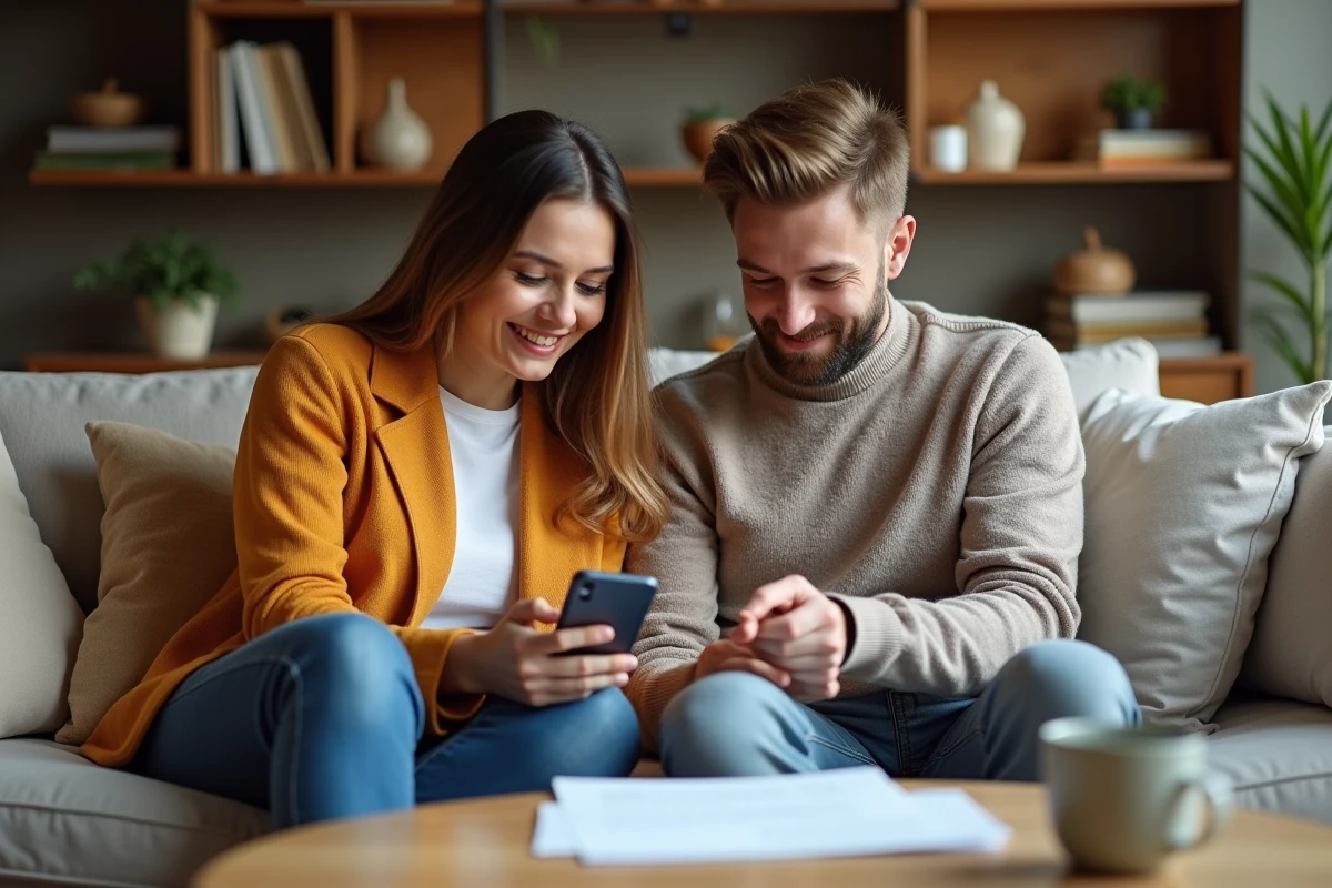 Couple en train de contacter Cetelem par téléphone pour gérer leur assurance de prêt depuis leur salon