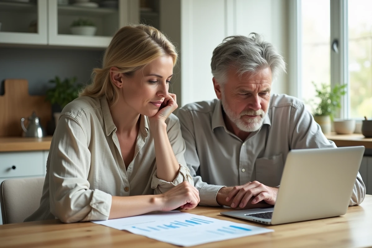 Couple de particuliers examinant un contrat d'assurance vie avec des graphiques de fonds en euros à la maison