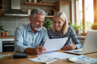Couple d adultes financiers souriants dans une cuisine moderne