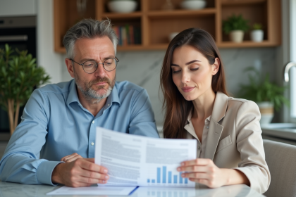 Couple d adultes d'affaires examinant documents financiers dans un appartement moderne