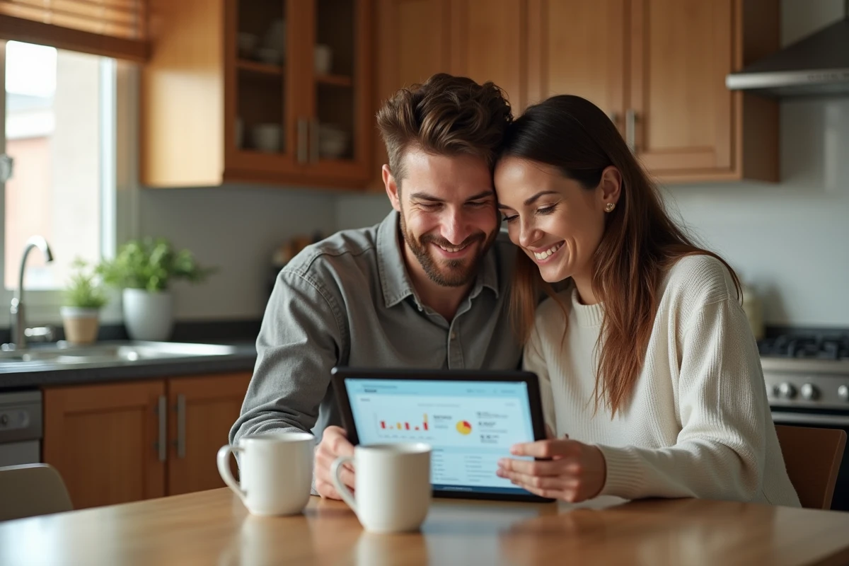 Couple examinant ensemble leur tableau de bord financier sur une tablette dans leur cuisine