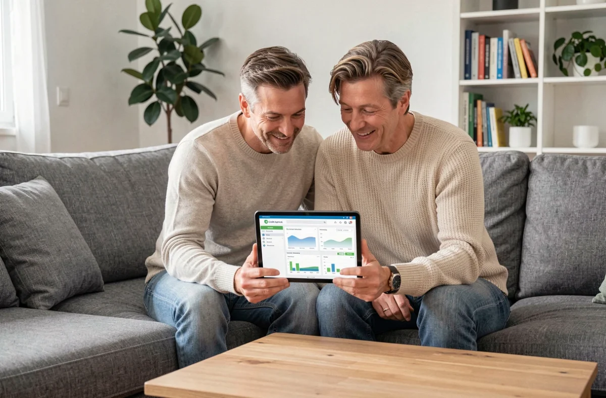 Couple gérant ensemble leur prêt et épargne en ligne via le portail Crédit Agricole Nord Est sur tablette